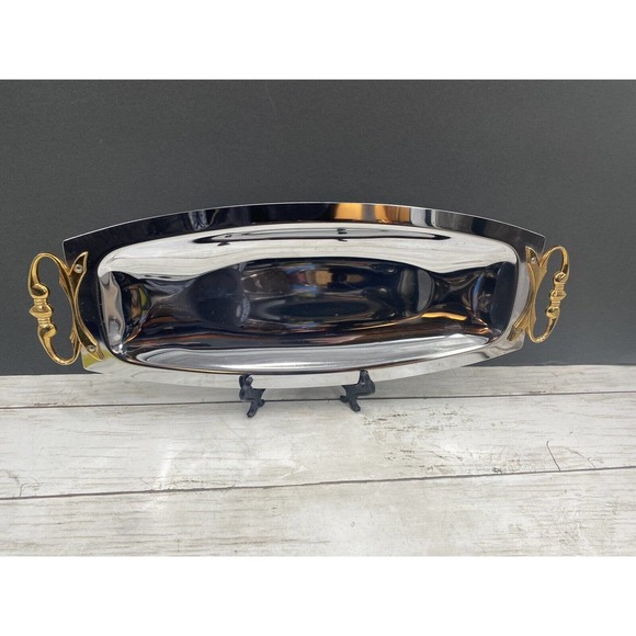 MCM Kromex Silver Serving Tray Bread Platter Chrome Brass Handles 17.5 x 6.5" - Picture 10 of 12